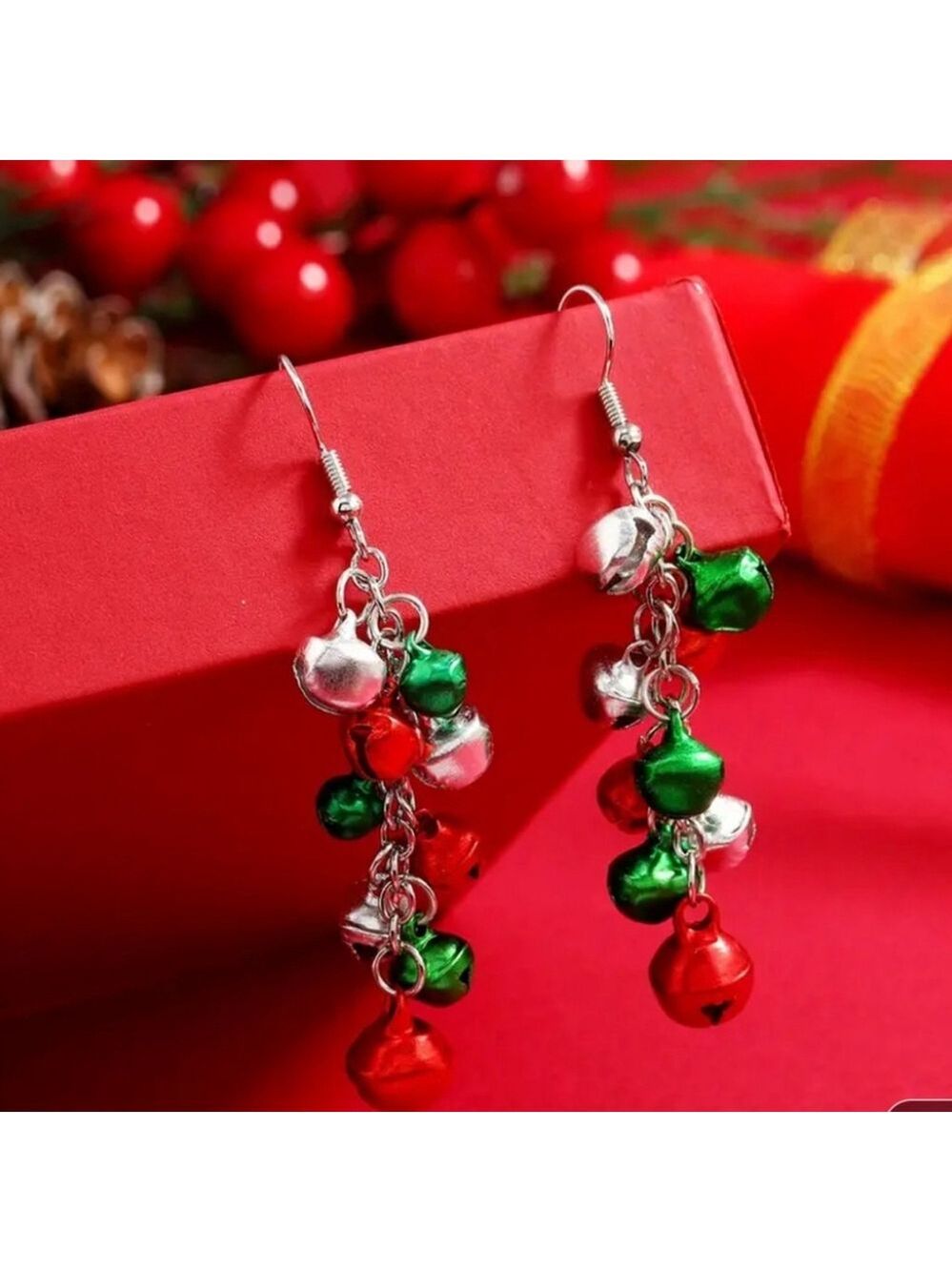 Christmas Bells Dangle Earrings Red Green Silver